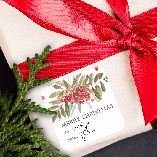 Klassieke Waterverf Kerstbessen Vierkante Sticker