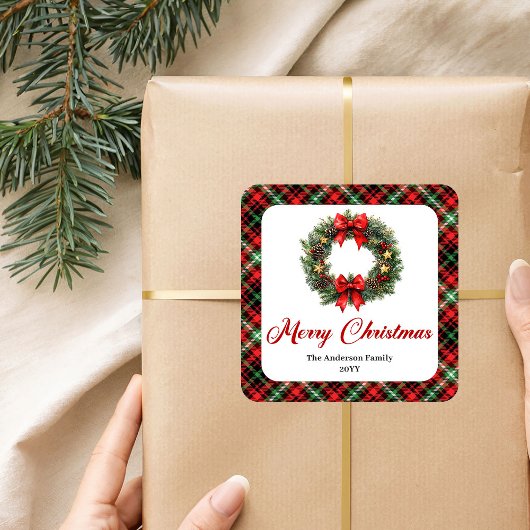 Klassieke waterverf Kerstkrans Naamsticker Vierkante Sticker
