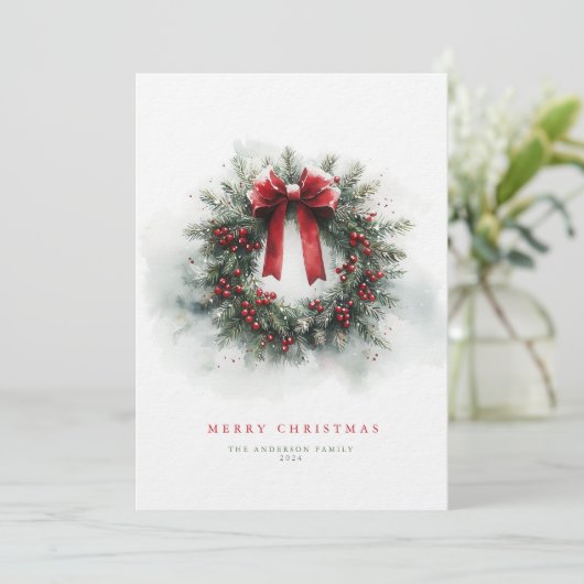 Klassieke Waterverf Krans Kerst Kaart (Staand voorkant)