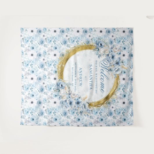 Klassieke waterverf stoffig blauwe gouden trouwfot wandkleed (Voorkant (horizontaal))