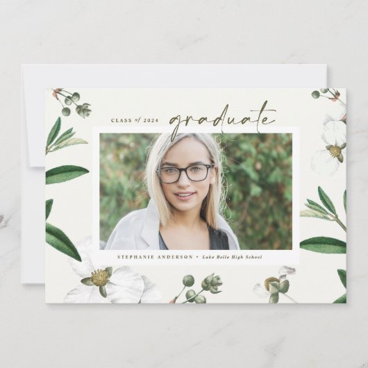 Klassieke Waterverf Witte Bloemen Foto Afstudeerfo Aankondiging (Voorkant)