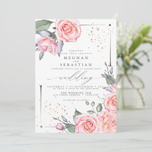 Klassieke weddenschappen Waterverf roze rozen Kaart (Staand voorkant)