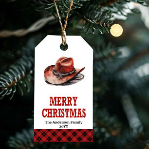 Klassieke westerse kerstcadeautag met aangepaste n cadeaulabel