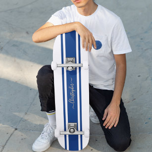 Klassieke White Blue Racing Stripes Gold Monograme Persoonlijk Skateboard