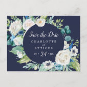 Klassieke White Flowers Navy Save the Date Briefka Uitnodiging Briefkaart (Voorkant)