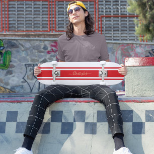 Klassieke White Red Racing Stripes Gold Monogramed Persoonlijk Skateboard