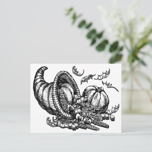 Klassieke Wicker Cornucopia Zwart Wit Illustratie Briefkaart (Staand voorkant)