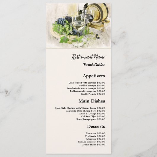 Klassieke wijn en druiven, restaurant Slimline Menu (Voorkant)