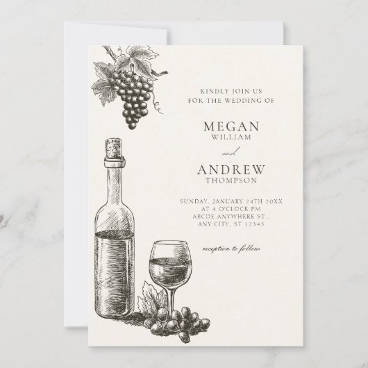Klassieke wijnfles en druiven bruiloft kaart (Voorkant)