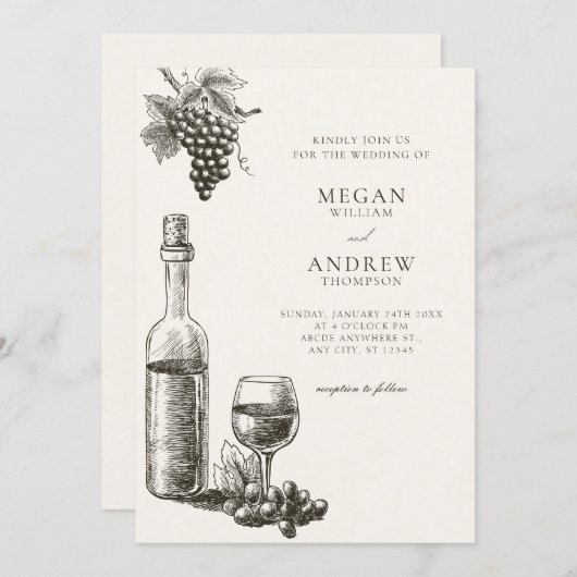 Klassieke wijnfles en druiven bruiloft kaart (Voorkant / Achterkant)