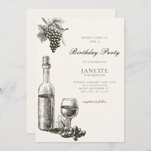 Klassieke wijnfles en druiven kaart (Voorkant / Achterkant)