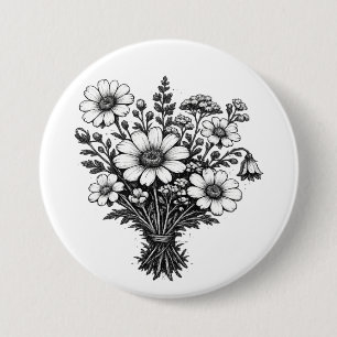 Klassieke wilde bloemen linosnede botanische bloem ronde button 7,6 cm
