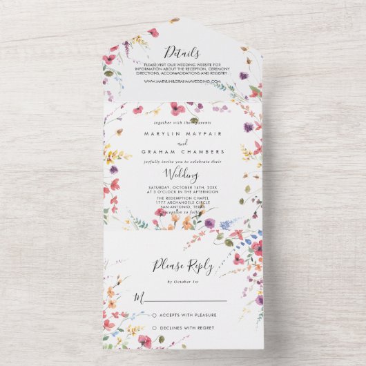 Klassieke wilde kleurige Floral Wedding All In One Uitnodiging (Binnen)