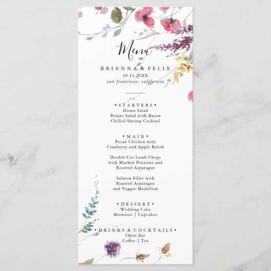 Klassieke wilde kleurrijke Floral Dinner Menu (Voorkant)