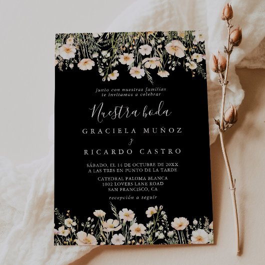 Klassieke Wildflower Black Nuestra Boda Wedding Kaart
