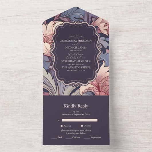 Klassieke William Morris Lavendel Bruiloft All In One Uitnodiging (Binnen)