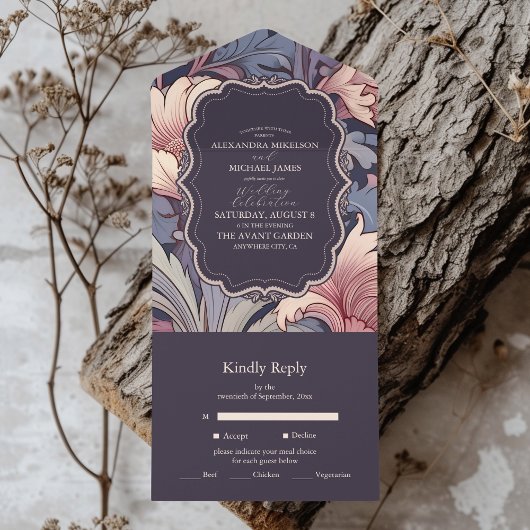 Klassieke William Morris Lavendel Bruiloft All In One Uitnodiging