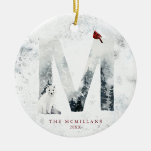 Klassieke Winter Besneeuwde Kerst Scène Monogram M Keramisch Ornament