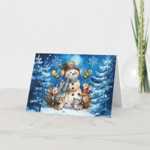 Klassieke Winter Blauwe Sneeuwman & Bosdieren Feestdagen Kaart
