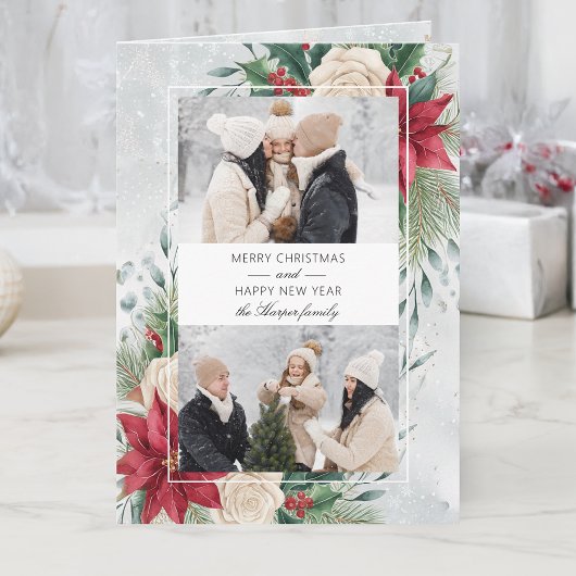 Klassieke Winter Botanische Twee Foto's Feestdagen Kaart