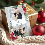 Klassieke Winter Botanische Twee Foto's Feestdagenkaart<br><div class="desc">Dit klassieke en traditionele ontwerp heeft twee fotomodellen met een middelste lege zijde voor uw personalisatie op een achtergrond van waterverf stijl poinsettia's,  witte rozen en dennen op een mistige grijze achtergrond.</div>