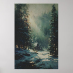 Klassieke Winter Dennenbos Print, Rustieke Besneeu Poster