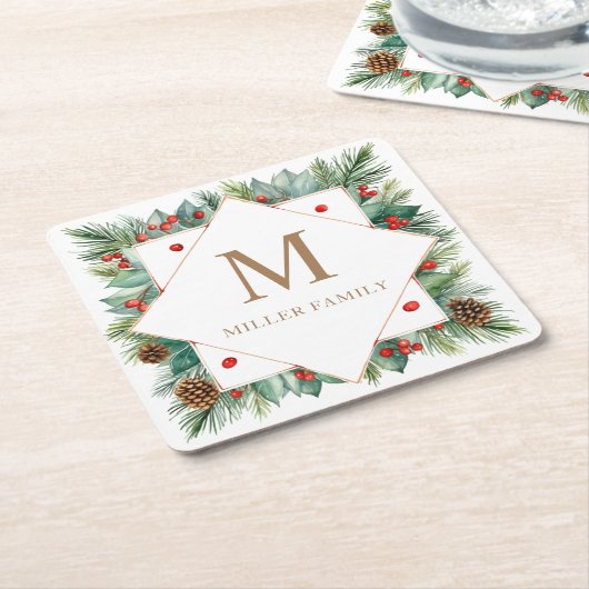 Klassieke Winter Greenery Vakantie Monogram Kartonnen Onderzetters (Schuin)