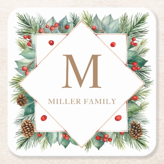Klassieke Winter Greenery Vakantie Monogram Kartonnen Onderzetters (Voorkant)