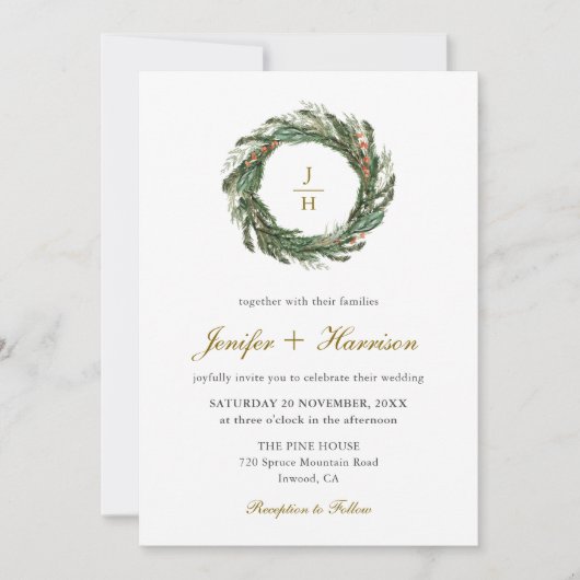 Klassieke Winter Pine Greenery bruiloft Kaart (Voorkant)