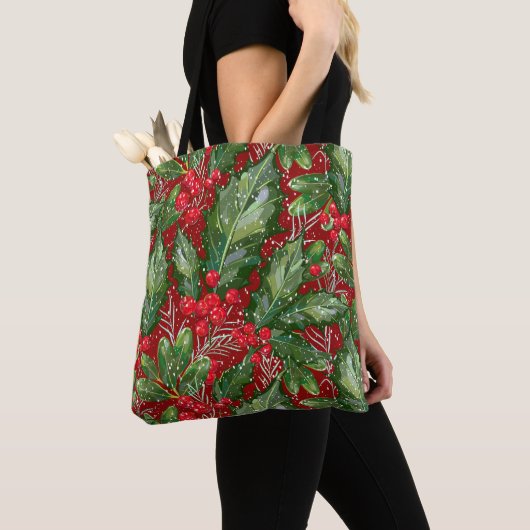 Klassieke Winter Sneeuw Holly Kerstmis Tote Bag (Dichtbij)