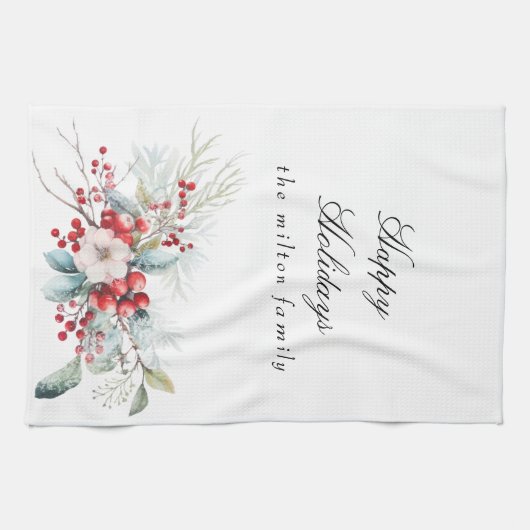 Klassieke Winter Vakantie Bessen Monogram Theedoek (Horizontaal)