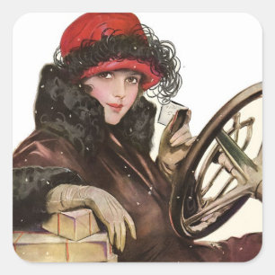 Klassieke Winter Vrouw Rijdt met Kerstmis Vierkante Sticker