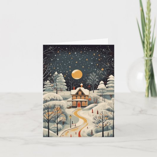 Klassieke winterhuis ansichtkaart in vintage gouac notitiekaartje (Voorkant)