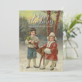  klassieke winterkinderen met hertenkunstwerk feestdagenkaart (Staand voorkant)