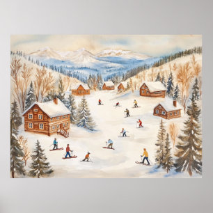 Klassieke winterscène van skiërs poster