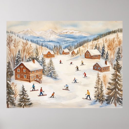 Klassieke winterscène van skiërs poster (Voorkant)