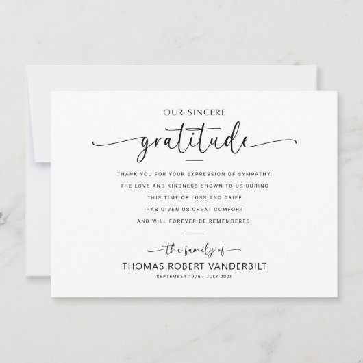 Klassieke wit en zwart minimalistische begrafenis bedankkaart (Voorkant)
