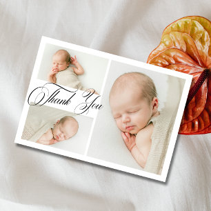 Klassieke witte babyborrel dankjewelfoto met drie bedankkaart