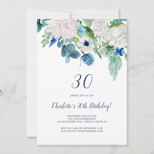 Klassieke witte bloemen 30e verjaardag kaart (Voorkant)