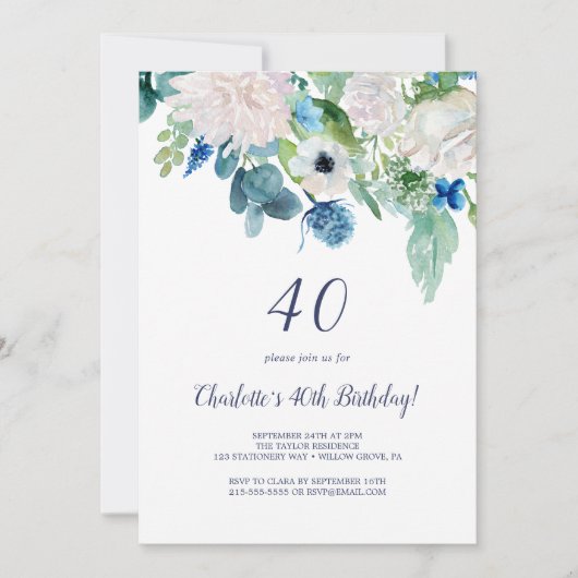 Klassieke witte bloemen 40e verjaardag kaart (Voorkant)