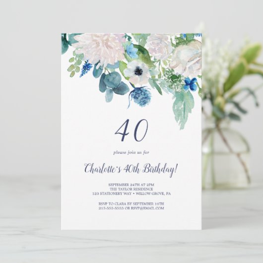 Klassieke witte bloemen 40e verjaardag kaart (Staand voorkant)