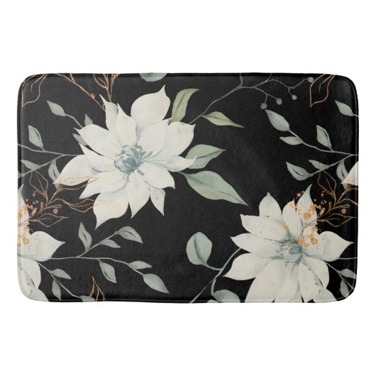 Klassieke Witte Bloemen Botanische Zwarte Achtergr Badmat (Voorkant)