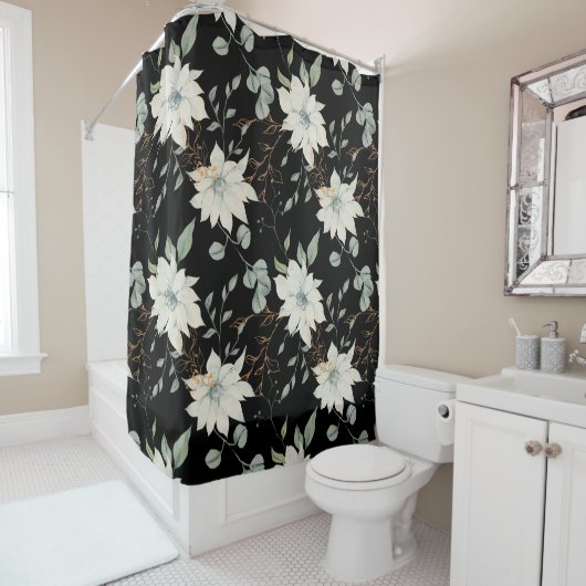 Klassieke Witte Bloemen Botanische Zwarte Achtergr Douchegordijn (In situ)
