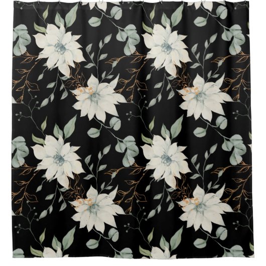 Klassieke Witte Bloemen Botanische Zwarte Achtergr Douchegordijn (Voorkant)
