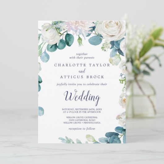 Klassieke witte bloemen bruiloft kaart (Staand voorkant)