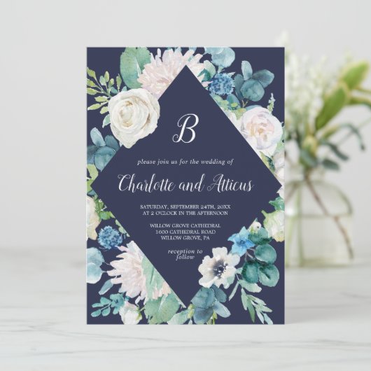 Klassieke witte bloemen marinediamant bruiloft kaart (Staand voorkant)