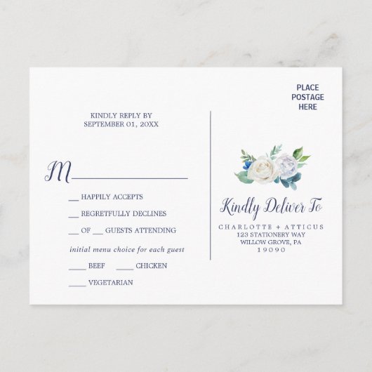 Klassieke witte bloemen menu keuze RSVP briefkaart (Achterkant)