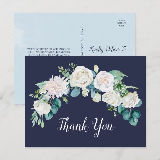 Klassieke witte bloemen | Navy Dank u Briefkaart (Voorkant / Achterkant)