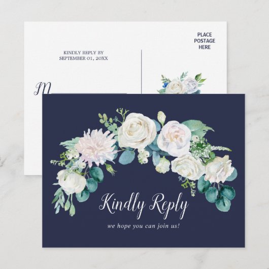 Klassieke witte bloemen | Navy Song Request RSVP Uitnodiging Briefkaart (Voorkant / Achterkant)