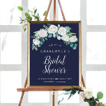 Klassieke witte bloemen | Navy Vrijgezellenfeest W Poster<br><div class="desc">Dit klassieke witte vrijgezellenfeest van de zeemacht voor bloemen is perfect voor een herfstbruiloft. Het elegante bloemontwerp is voorzien van zacht ivoor en witte rozen, pinda's en chrysanthemum met touches van periwinkle blauwe waterverf bloemen en groene bladeren. Pas het poster aan met de naam van de bruid, dagen tot de...</div>